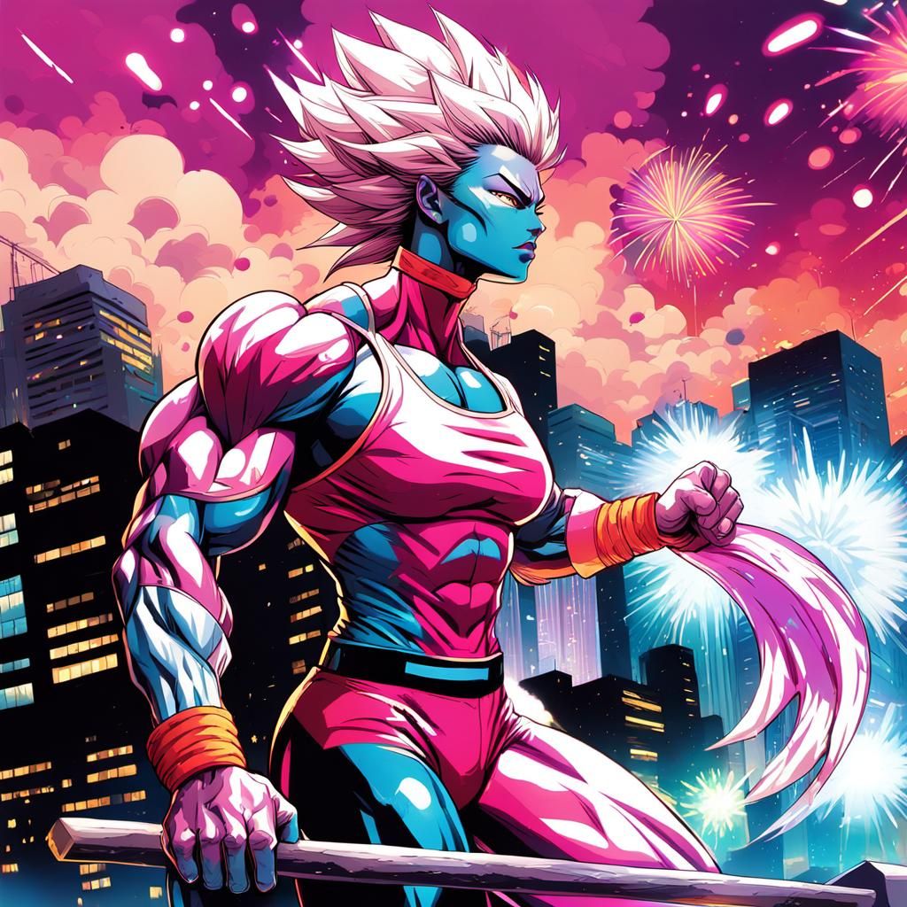 Retro Anime Super Saiyan Woman in Metropolis