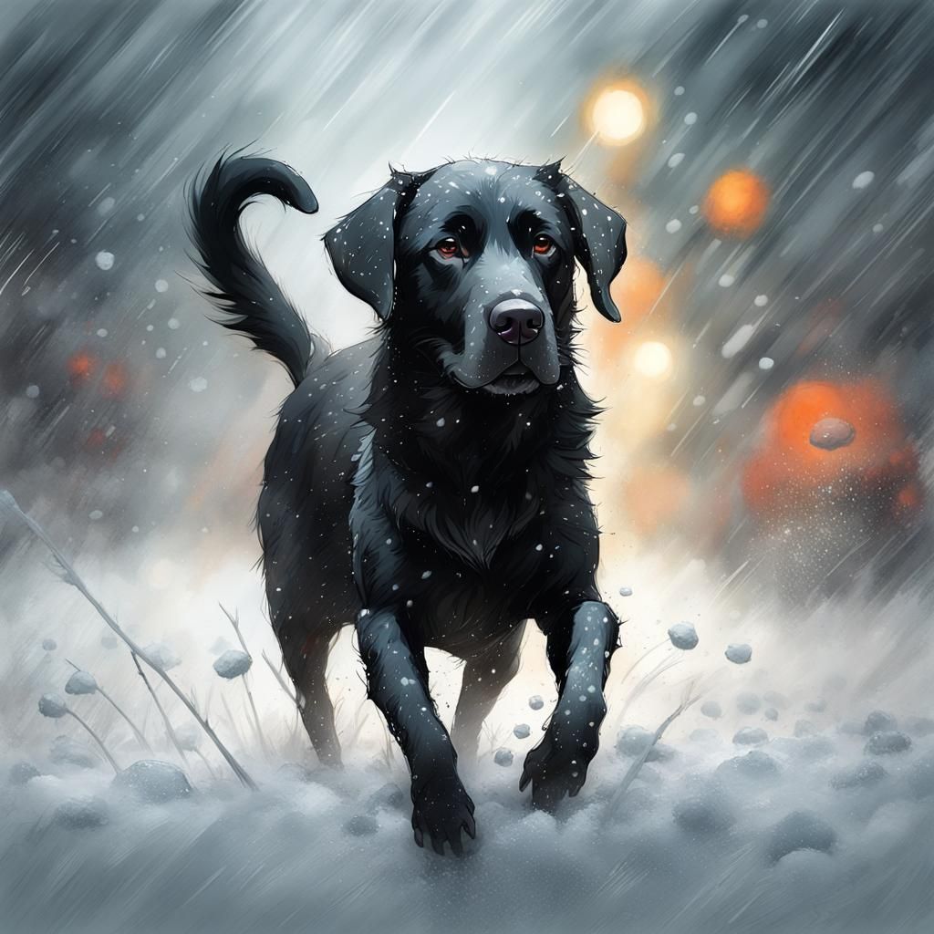 Black Labrador Dog in Snowstorm Art