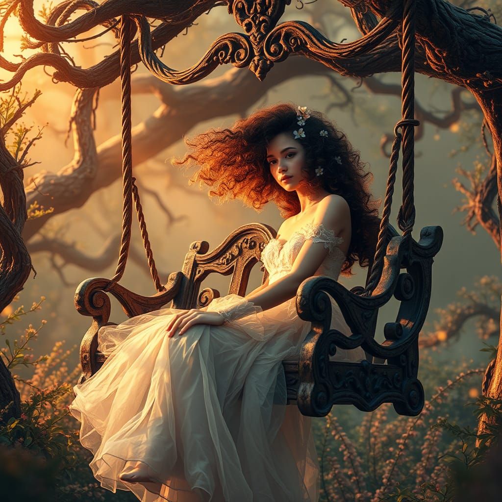 Woman on Ornate Swing in Whimsical Forest