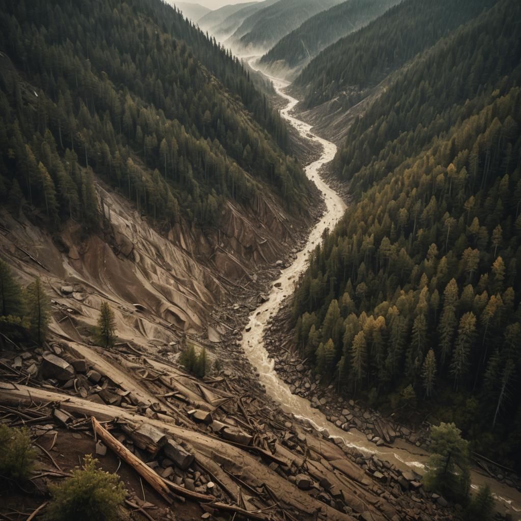 Debris Flow in Forested Valley: Cinematic Image