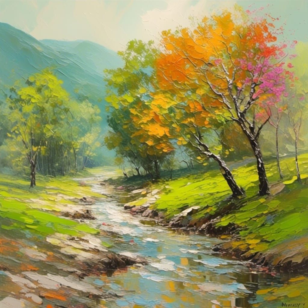 Impasto Landscape with Colorful Trees and Stream