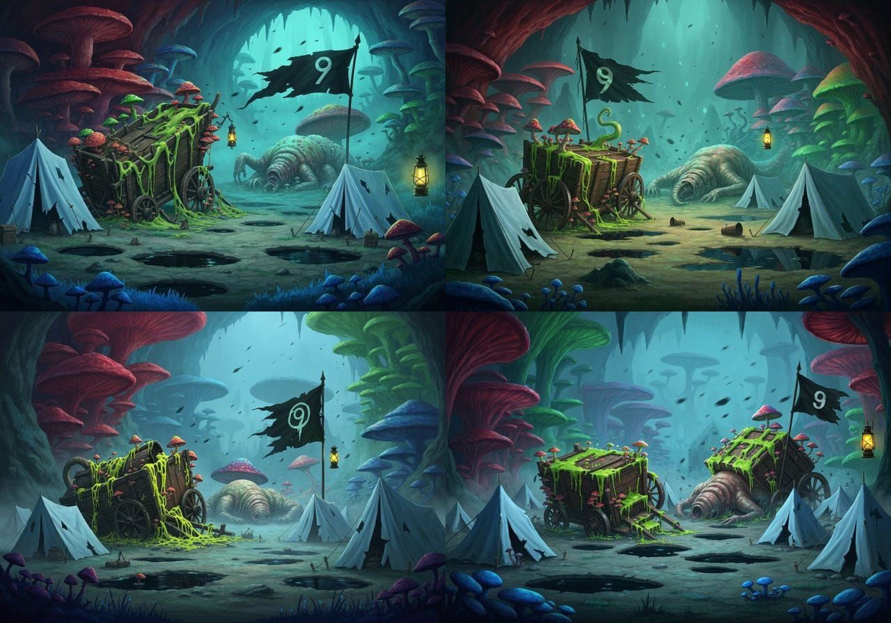 Underdark Fungal Swamp With Overturned Wagon and Giant Mushr...