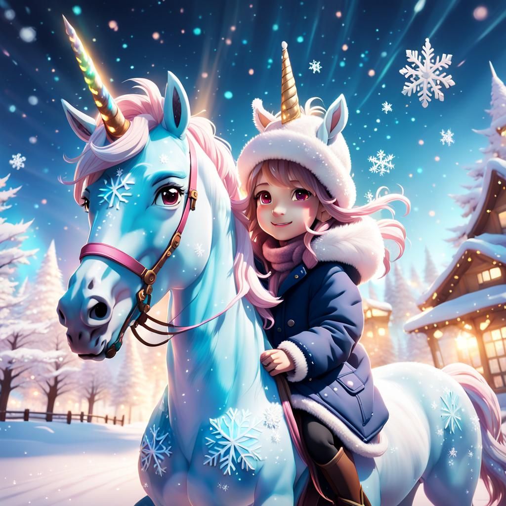 Vibrant Anime Girl Rides Unicorn in Winter Wonderland