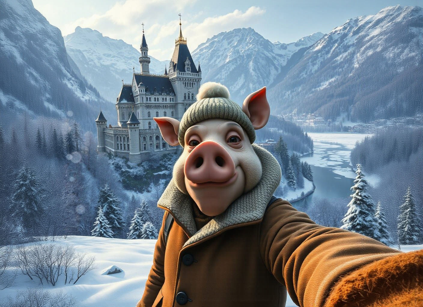 Pig-Man Selfie at Snowy Neuschwanstein Castle