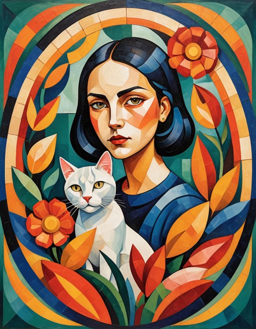 Colorful Cubist Portrait of Woman and Cat