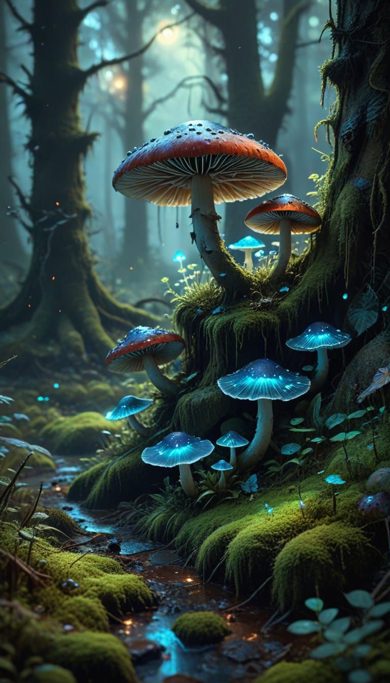Bioluminescent Forest Floor in Dark Fantasy Art