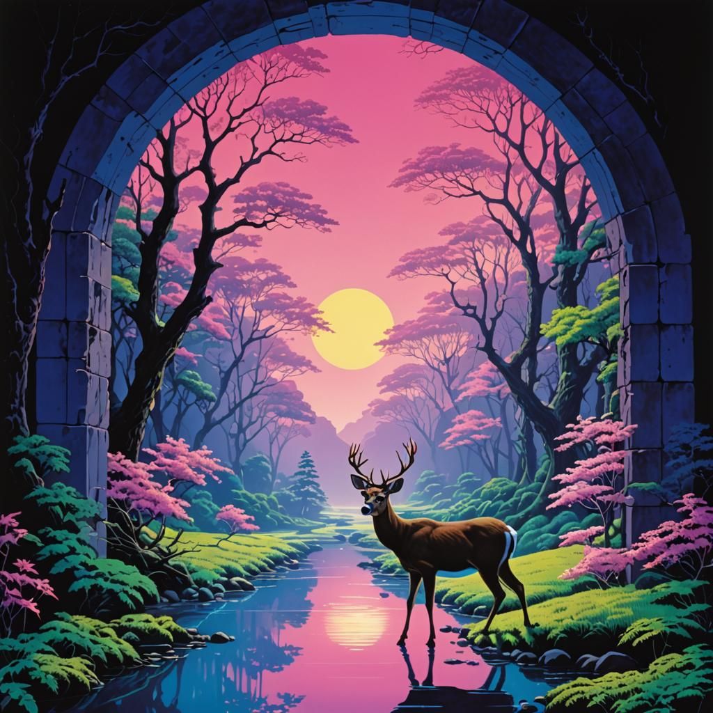 Deer Walking Through Vaporwave Portal