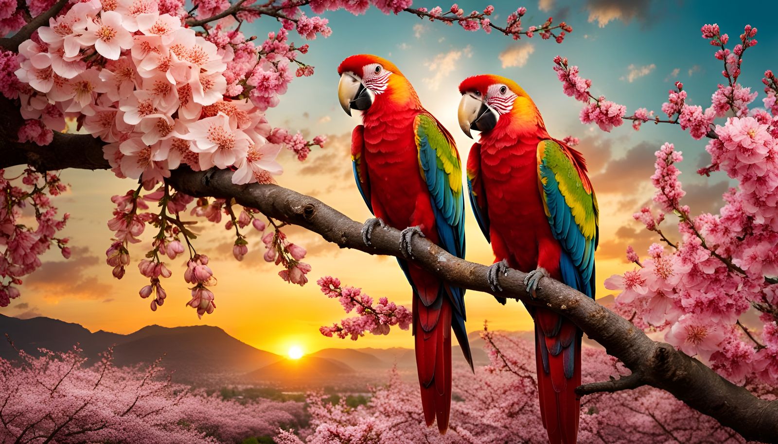 Parrots in Blossoming Tree: A Colorful Scene