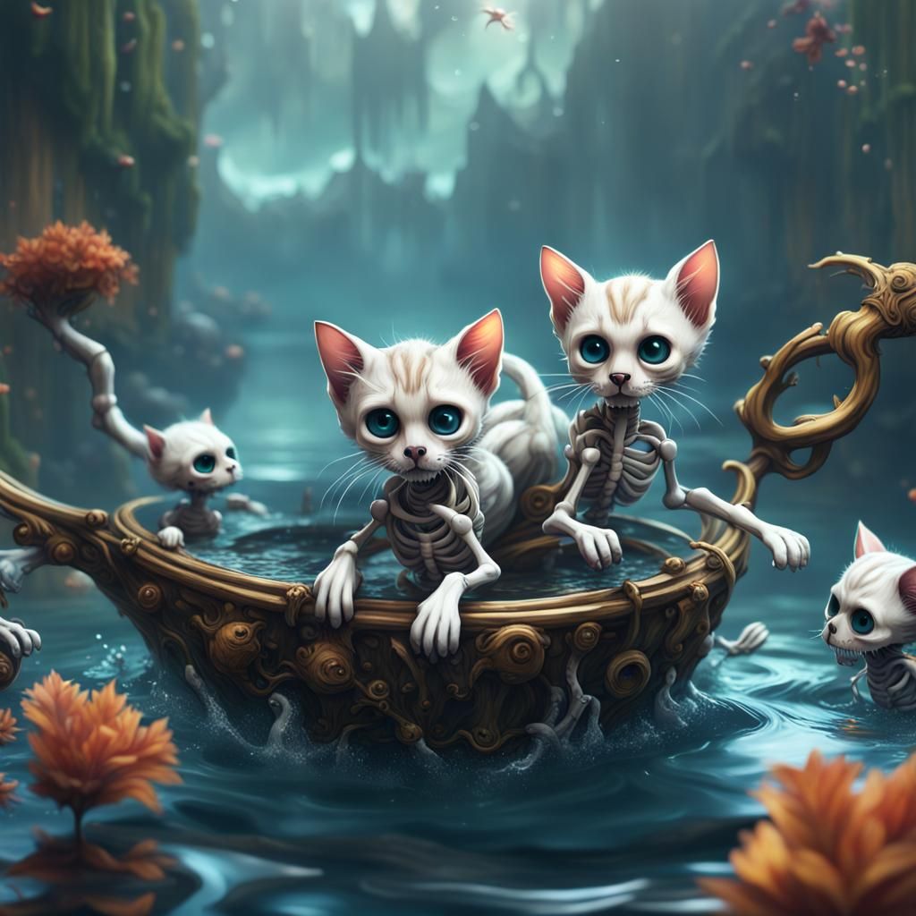 Adorable Skeleton Kittens Playing: Fantasy Concept Art