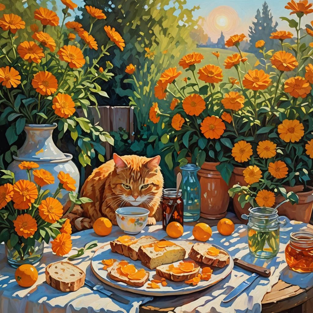 Impasto Sunrise Garden with Ginger Cat