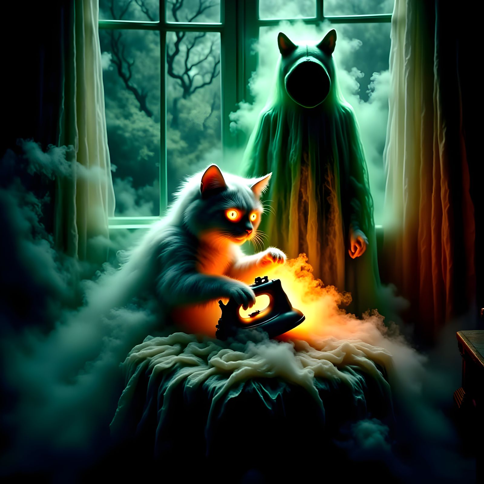 Ghostly Cat Ironing Clothes in Mixed Media Style
