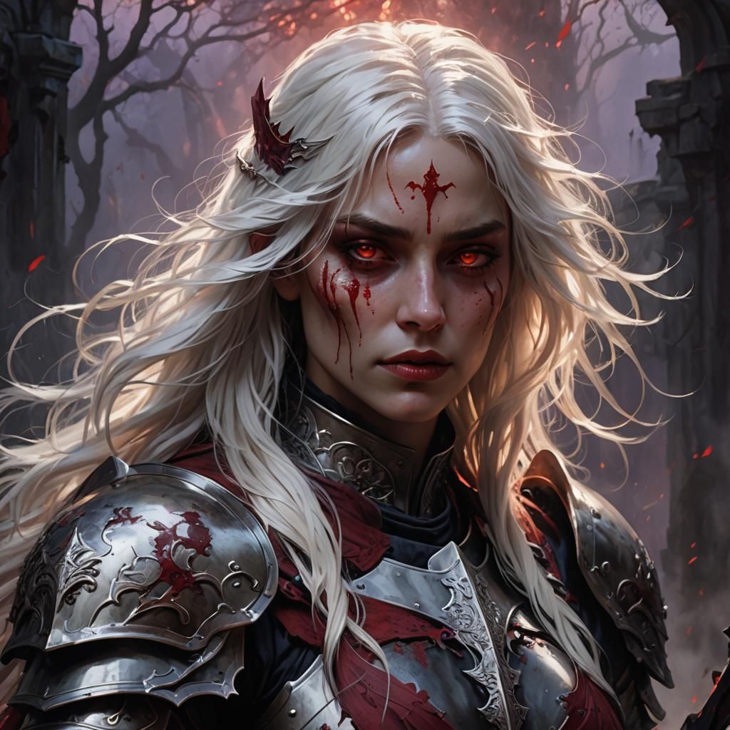 Female Knight in Blood Mist: Dark Fantasy Art