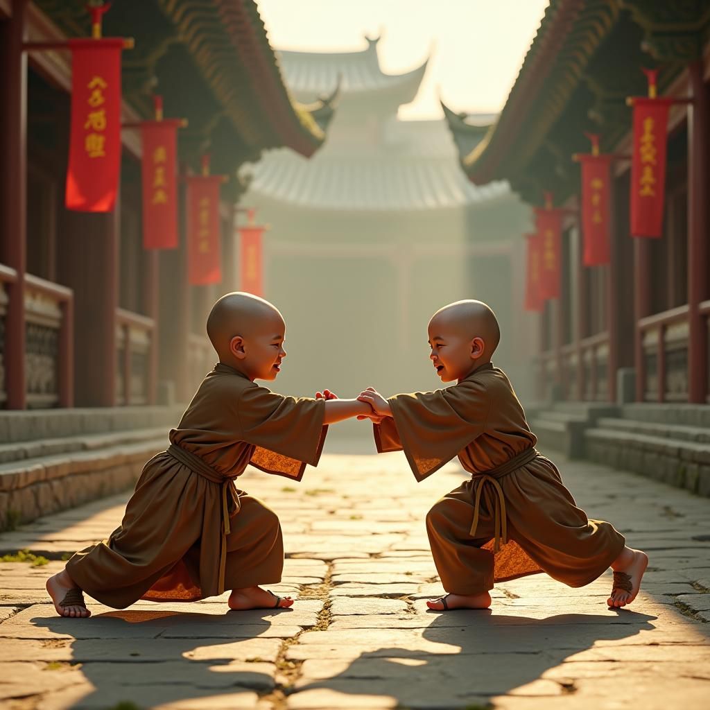 Shaolin Monks Play Fighting in Ancient Chinese Style