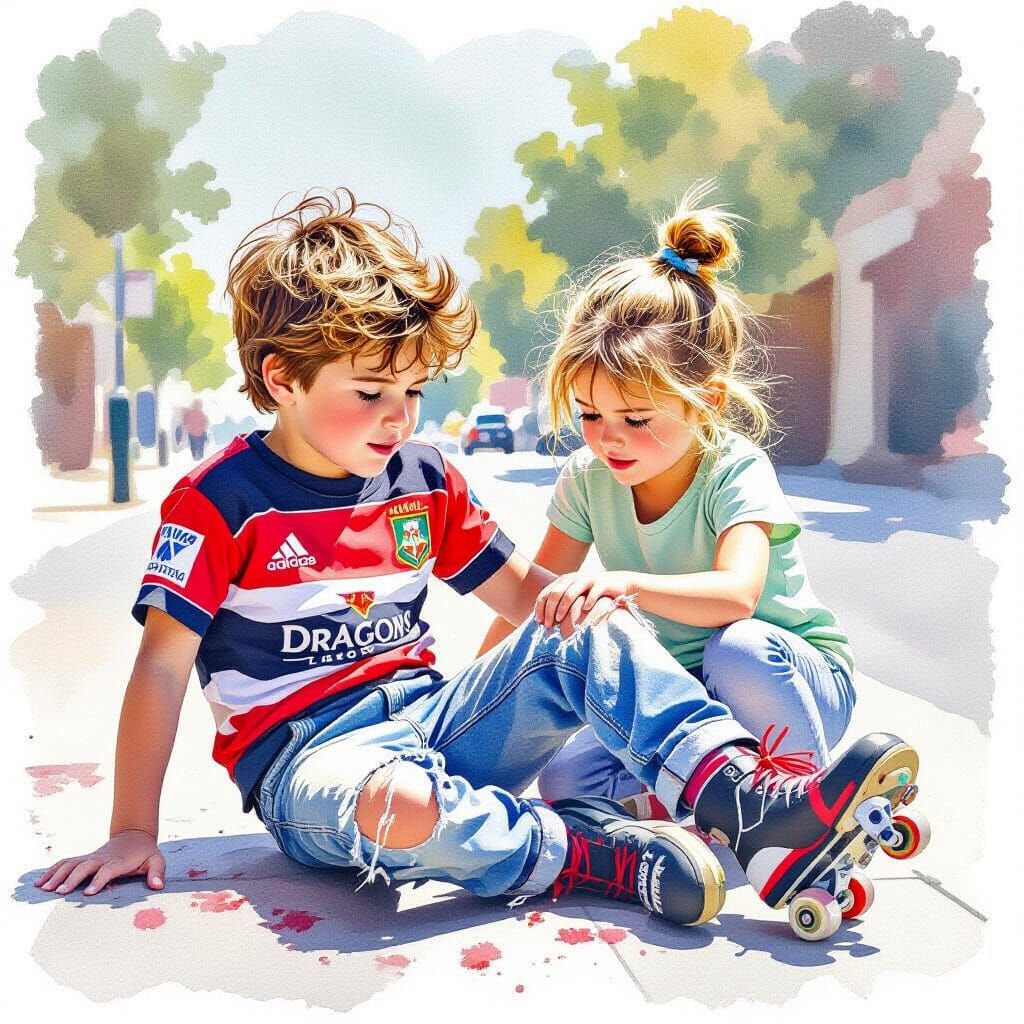 Little Girl Helps Boy on Roller Skates