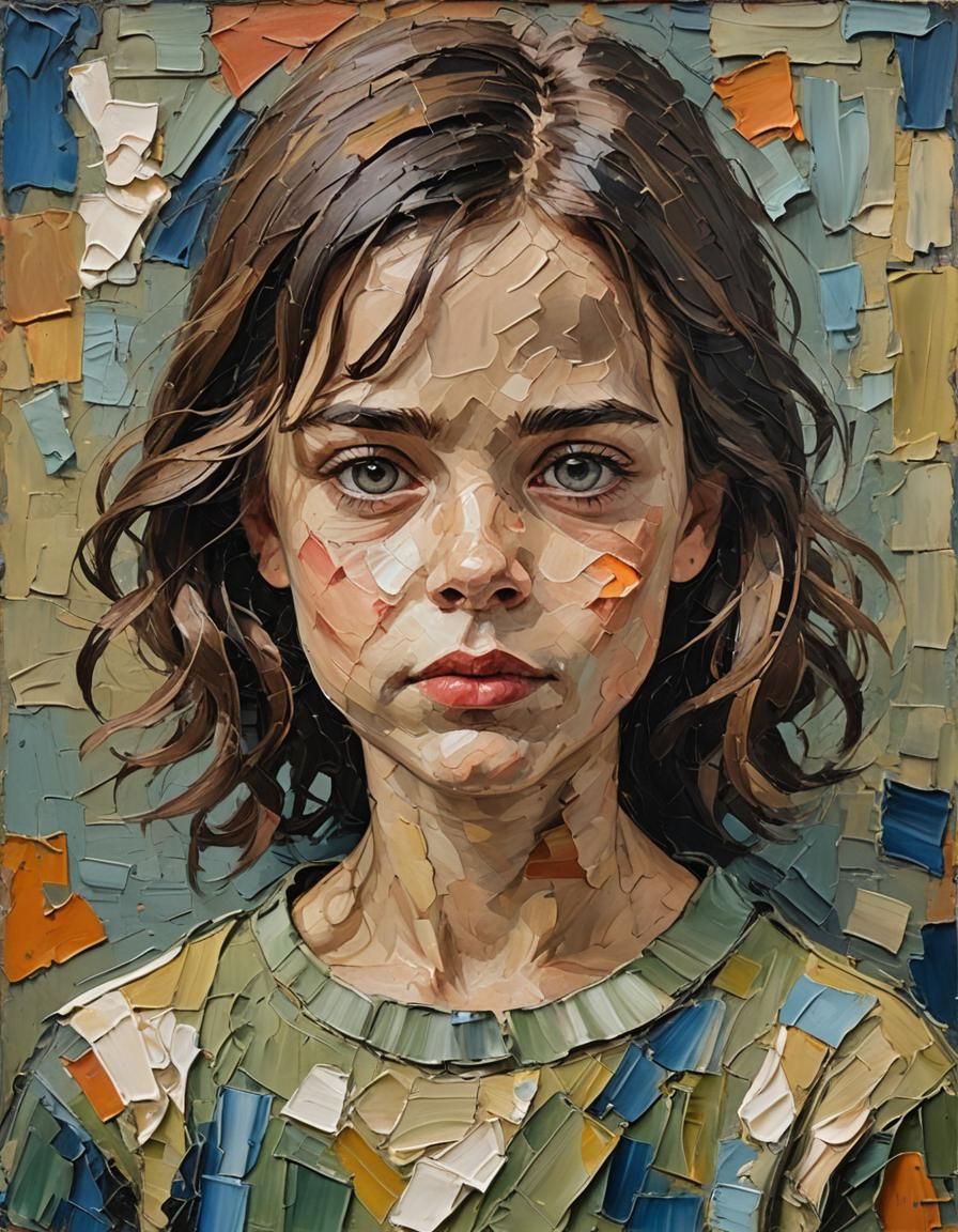 Impasto Portrait of a Young Girl with Thick Paint