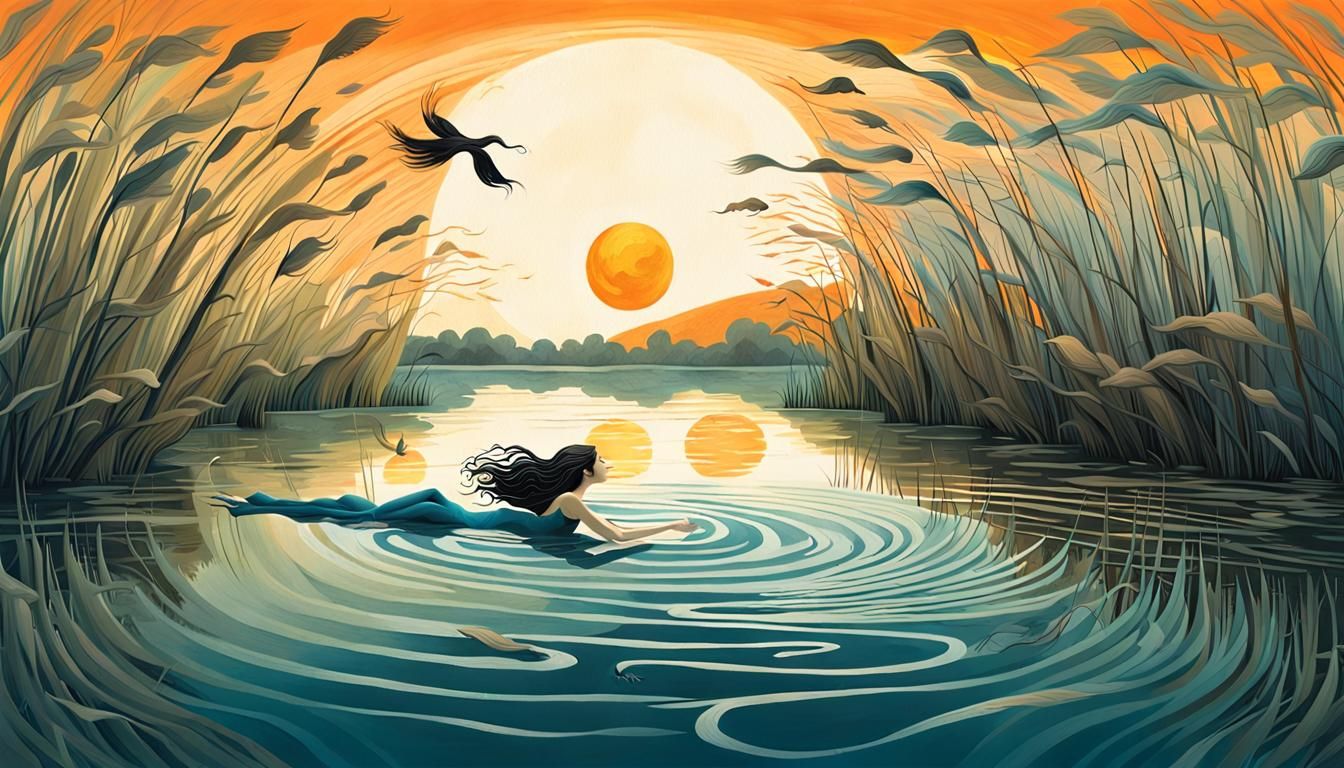 Surreal Woman Swimming in River with Upside-Down Sun
