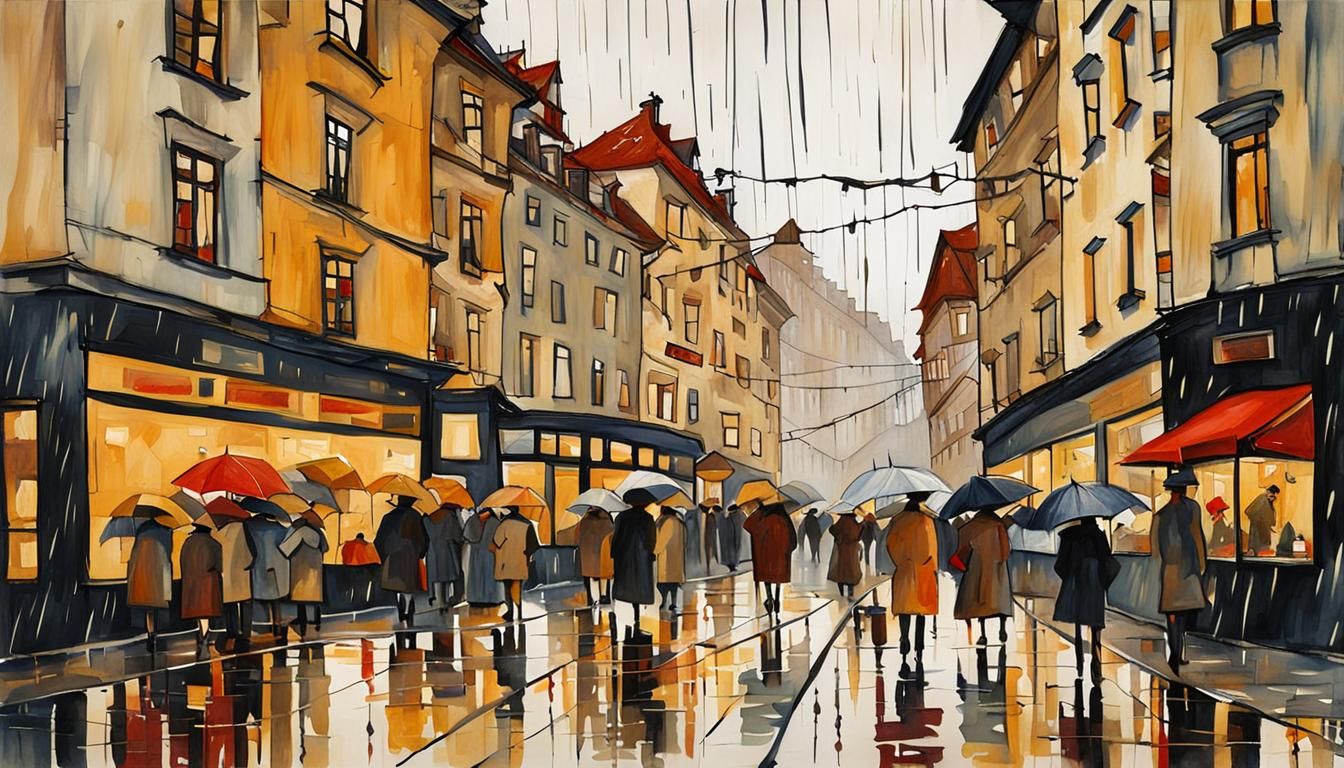 Rainy City Street Scene in Expressionist Style