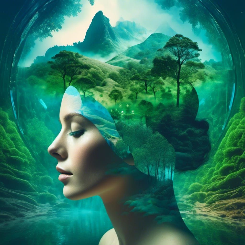 Double Exposure: Woman's Head with Merging Landscapes