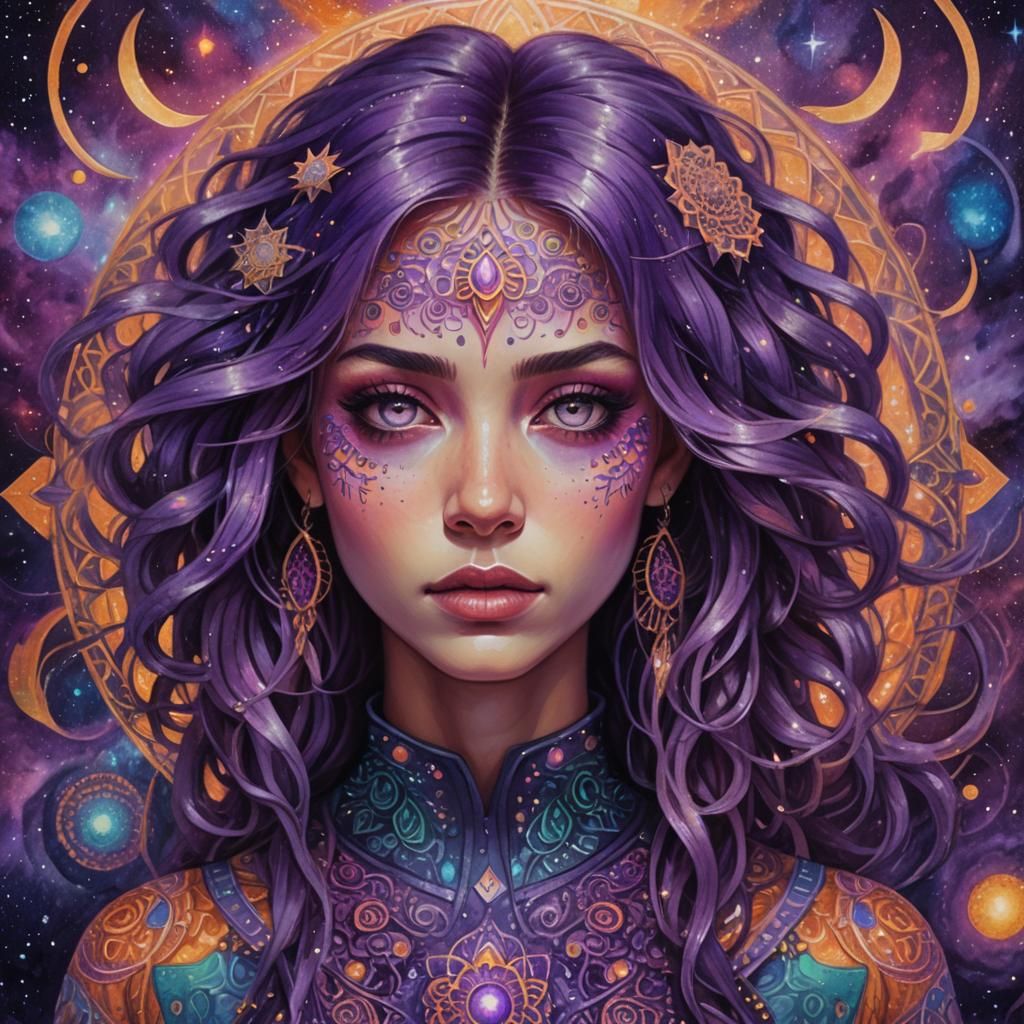 Cosmic Girl Portrait in Pablo Amaringo Style