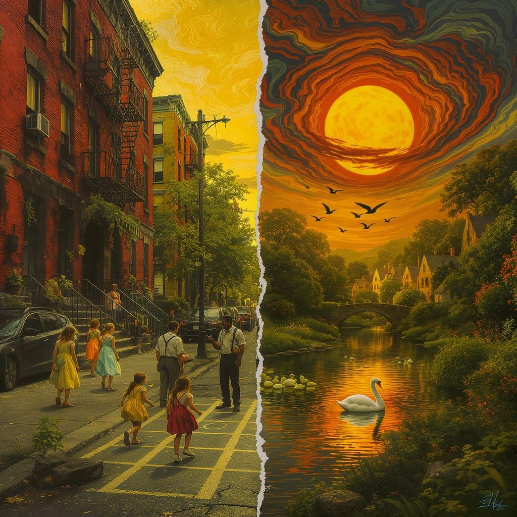 Vibrant City Meets Serene Village: A Split Image