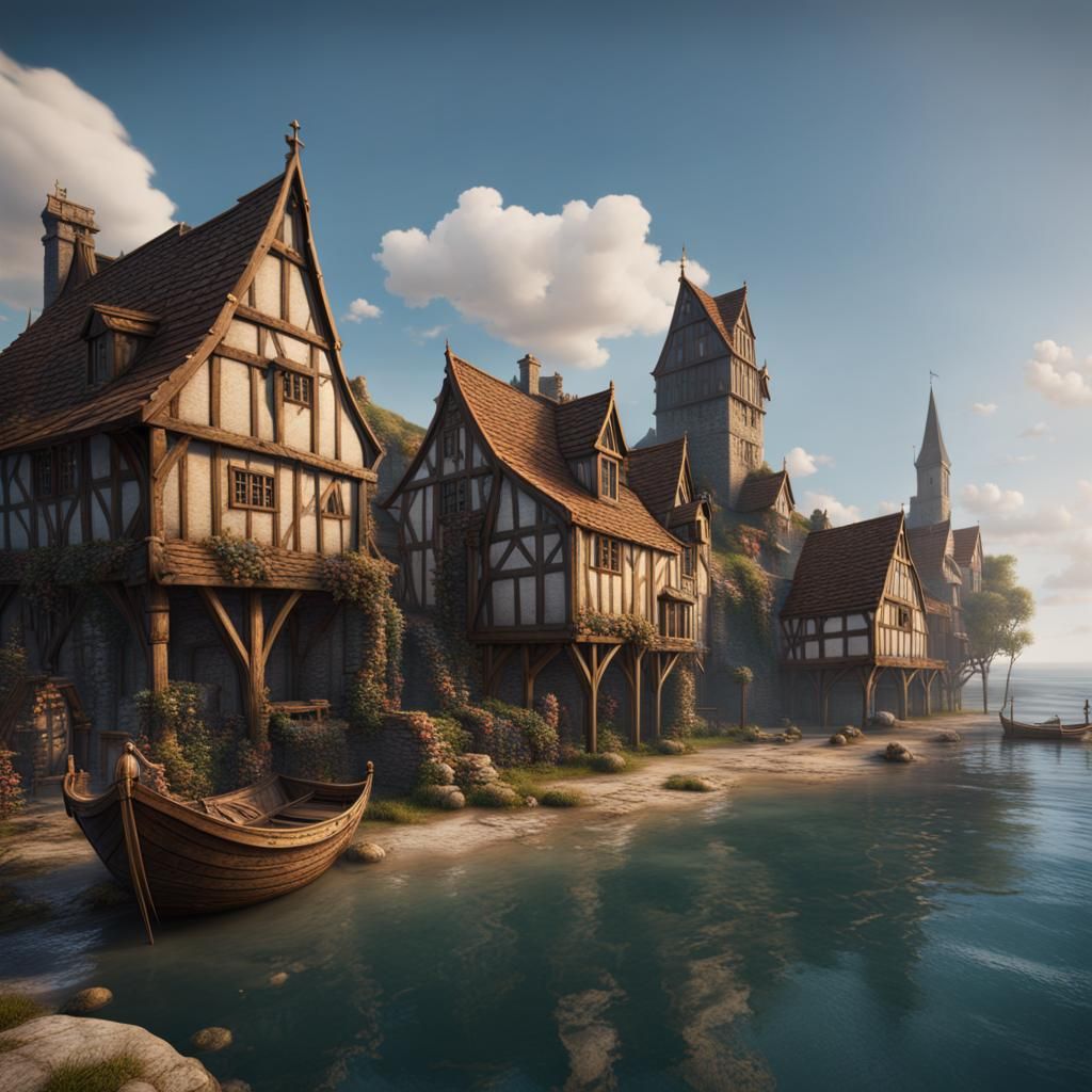Medieval Seaside Village in Detailed Matte Painting