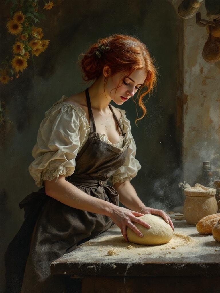 Redhead Baker Kneading Dough in Art Nouveau Style