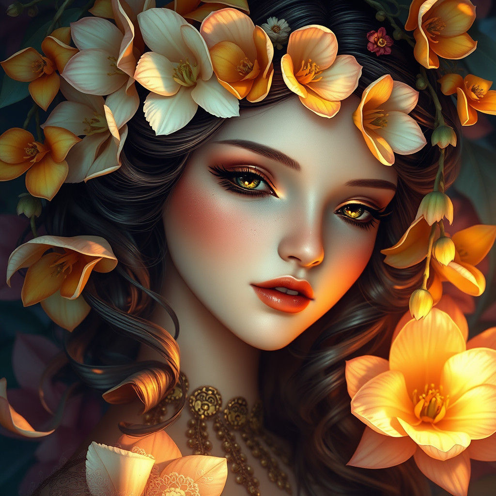 Ethereal Flower Girl Portrait in Art Nouveau Style