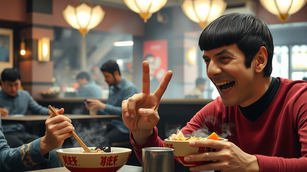 Spock Savoring Ramen with Cyclops in a Steamy Restaurant