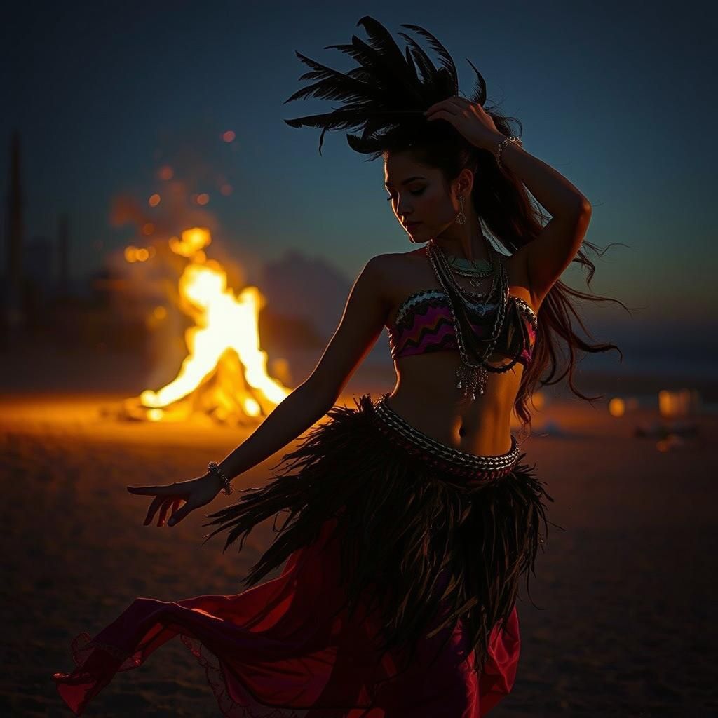 Feathered Dancer on Firelit Beach at Night