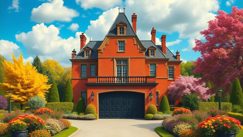 Grand Brick Chateau with Vibrant Garden Landscape