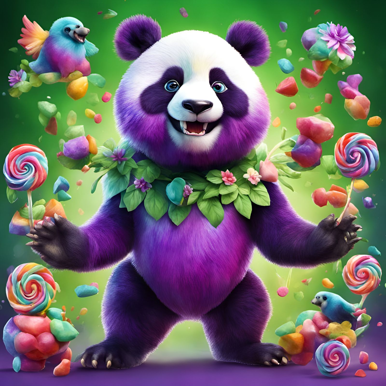 Happy Purple Panda Dancing with Emeralds and Candy Flowers