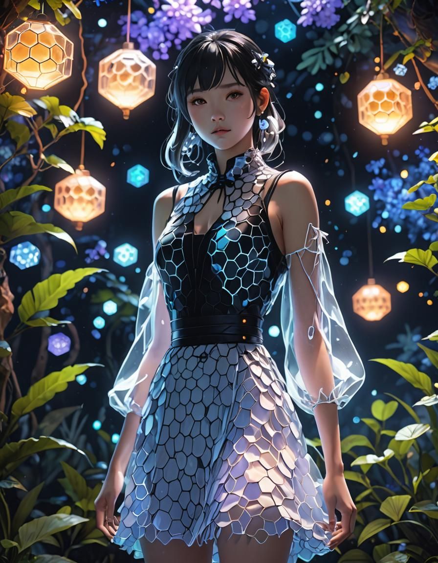 Neon Lit Anime Figure in Honeycomb Dress