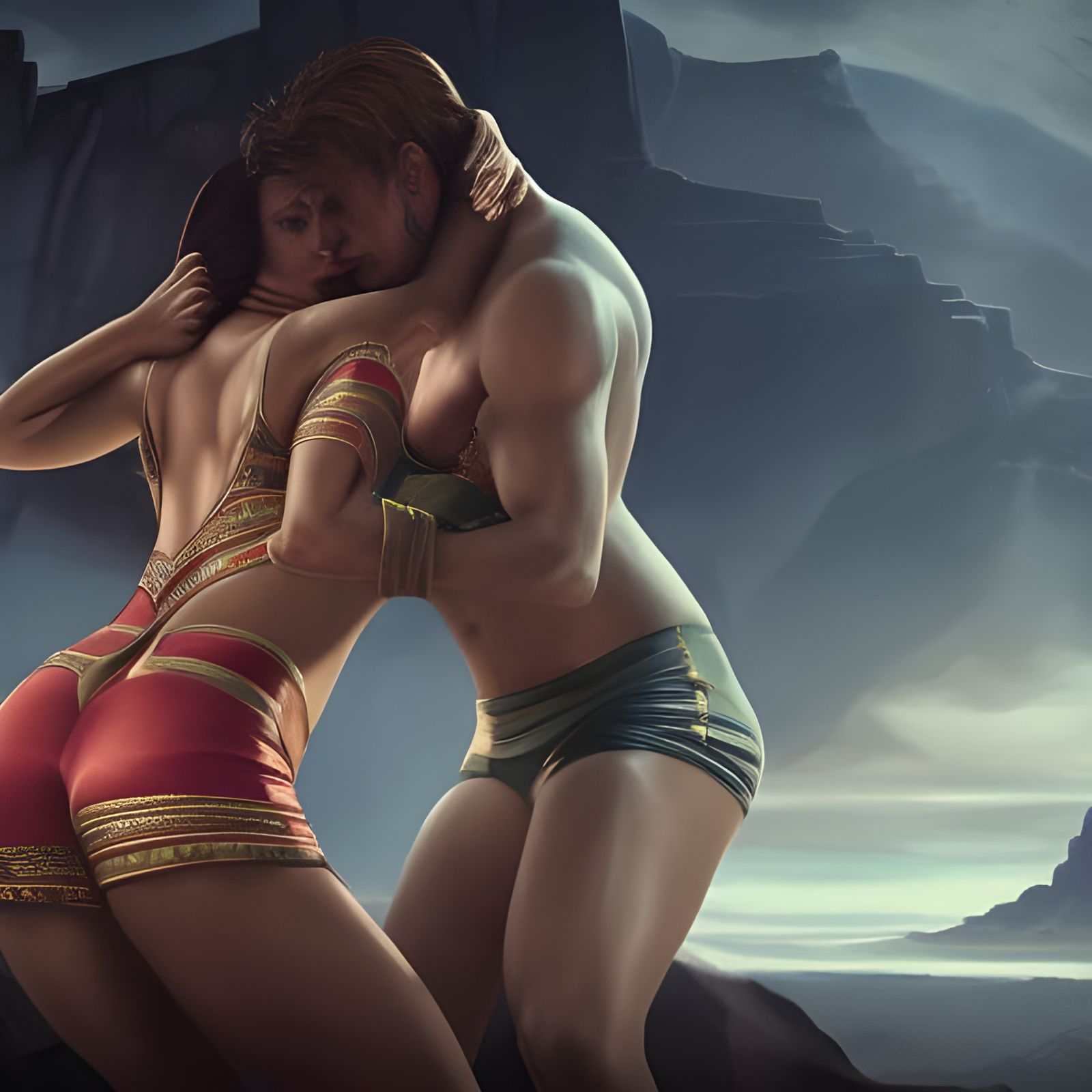Woman Wrestles Man: Detailed Fantasy Concept Art