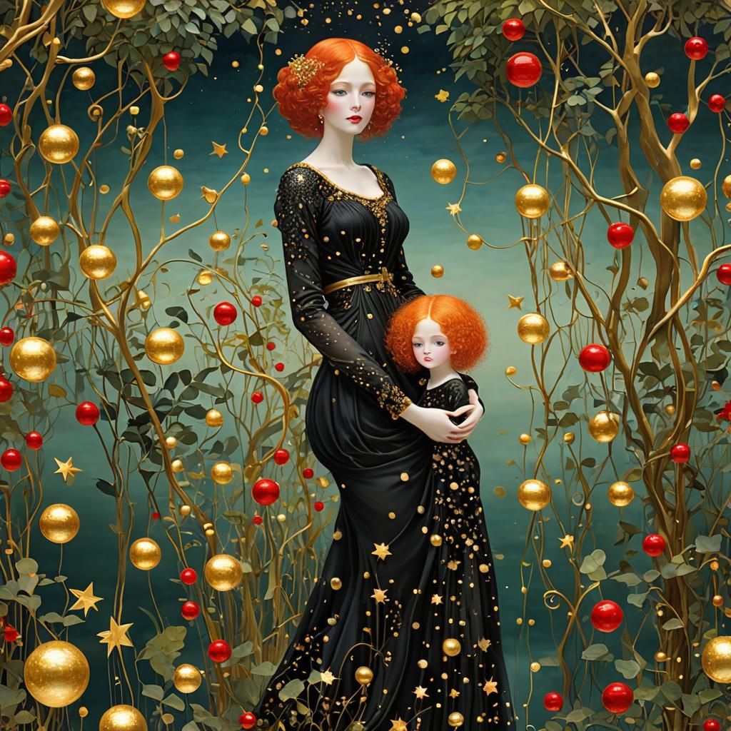 3D Gustav Klimt! golden, lady with red hair, black dress