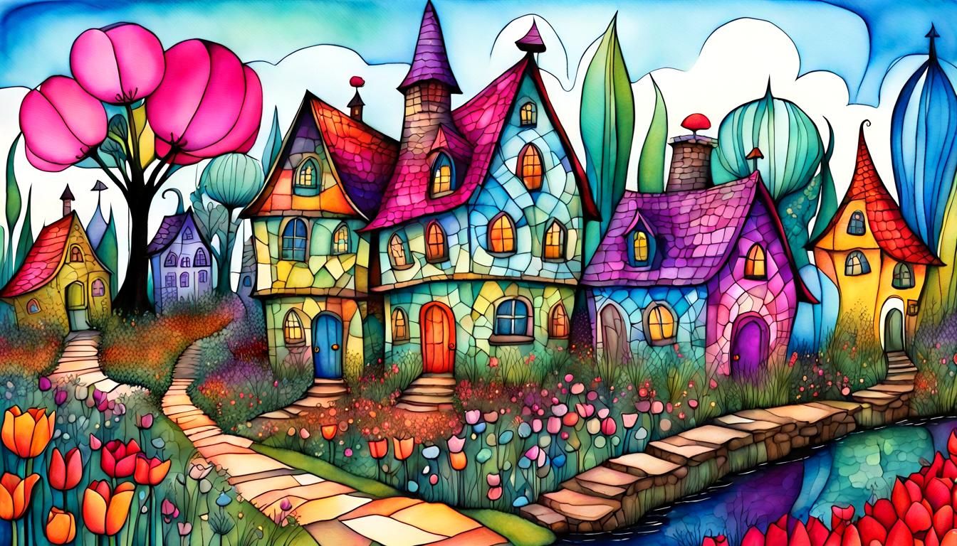 Whimsical Fantasy Villagescape in Pen and Ink