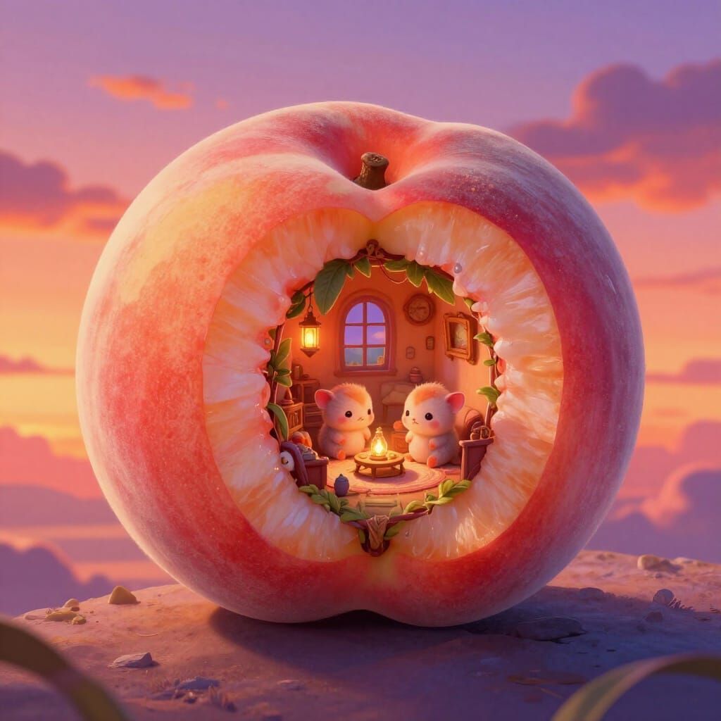 Whimsical Peach Home for Baby Animals at Sunset