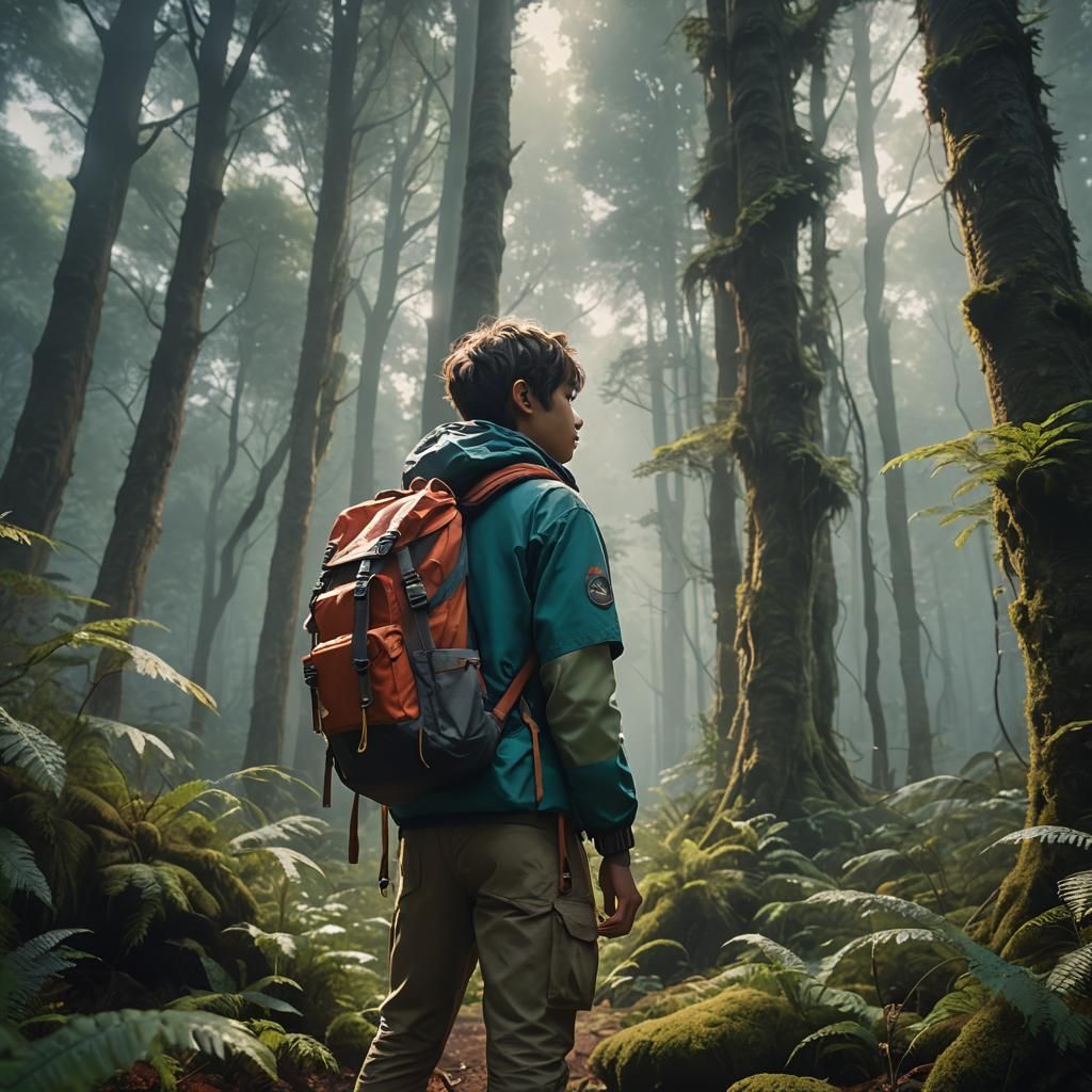 Explorer in Ethereal Anime Forest with Glowing Backpack