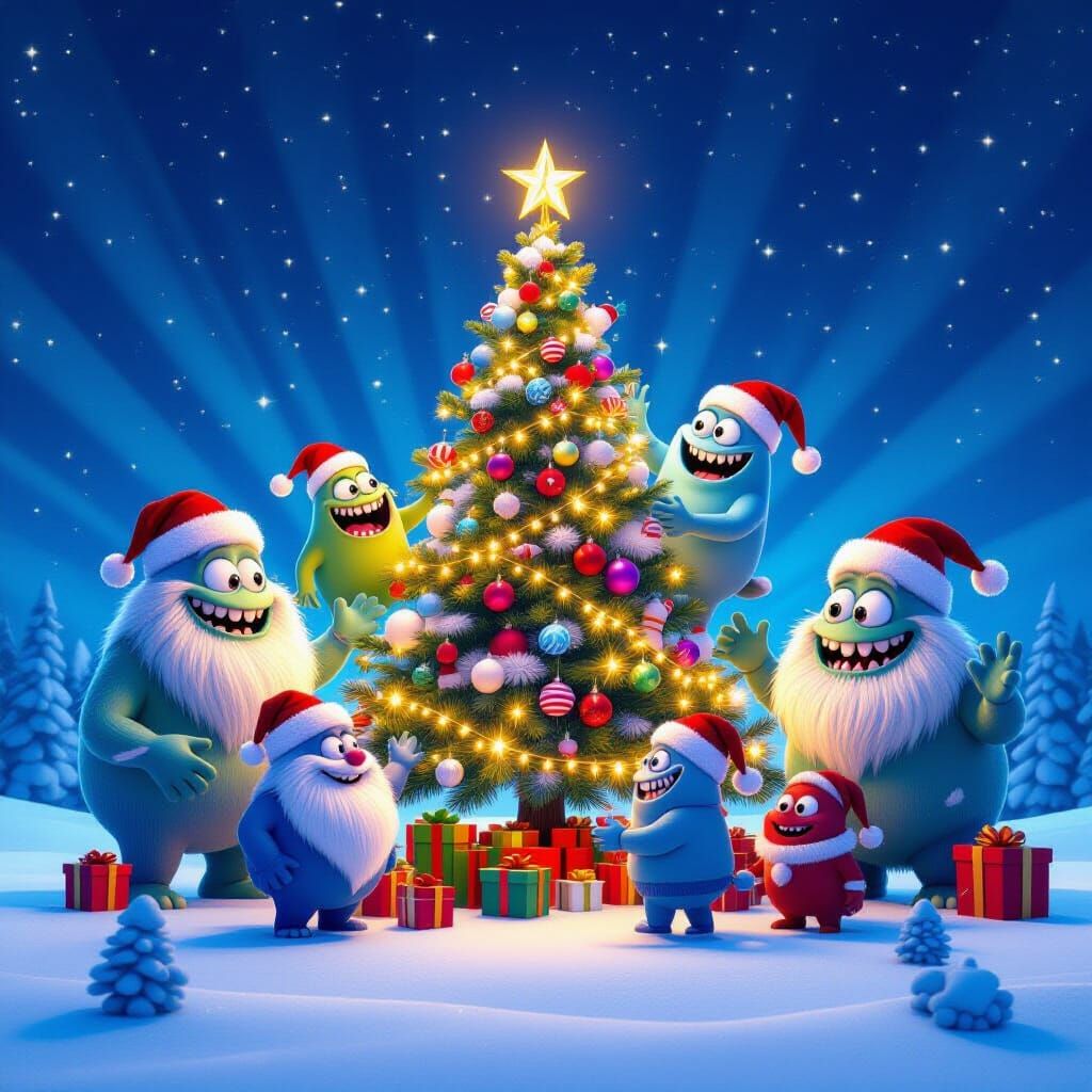 Whimsical Monsters Celebrate Christmas in Festive Glow