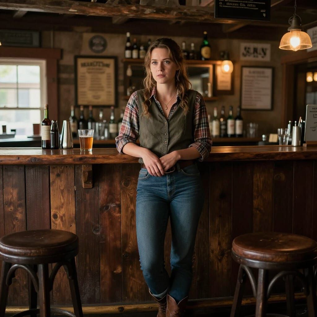 Bartender with Internal Conflict in Rustic Bar
