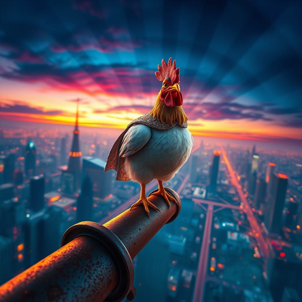 Majestic Chicken Overlooks Neon Metropolis