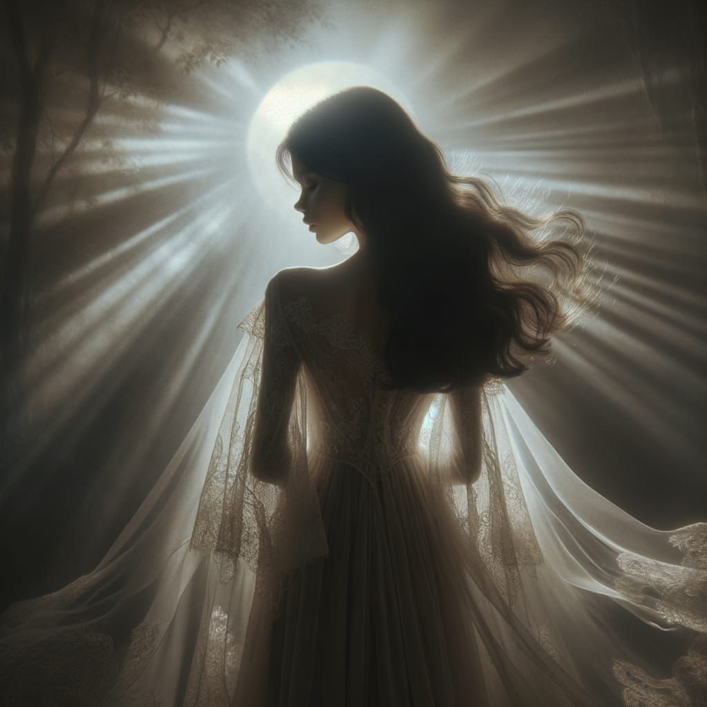 Ethereal Woman in White Lace Gown by Moonlight