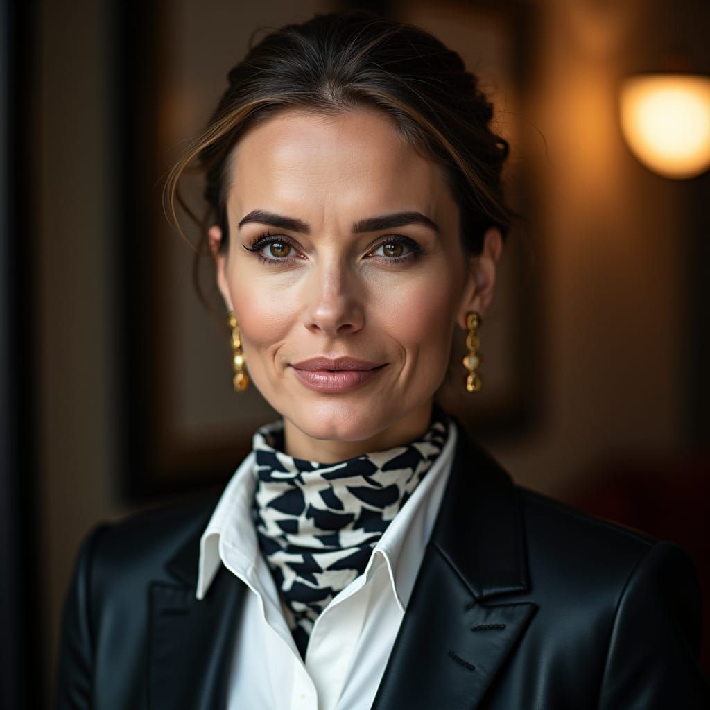 Confident CEO in Black Suit with Geometric Scarf