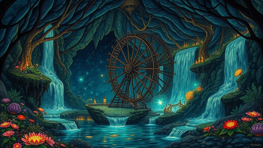 Whimsical Waterwheel in a Bioluminescent Cavern