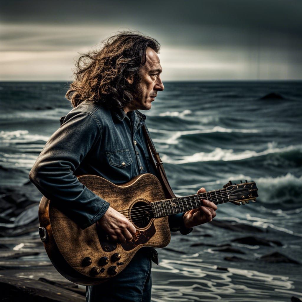 Musician Seeks Inspiration by the Sea: Hyperrealistic Image