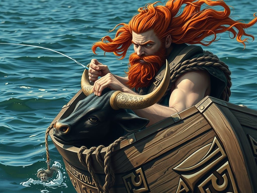 Thor fishing, using an ox head as bait