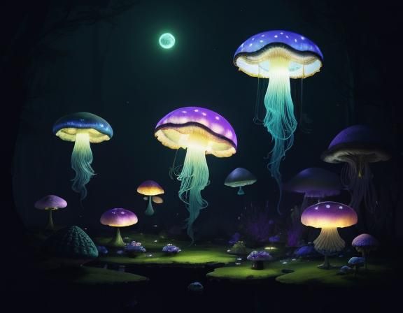 Jellyfish in Toadstool Forest, Beatrix Potter Style
