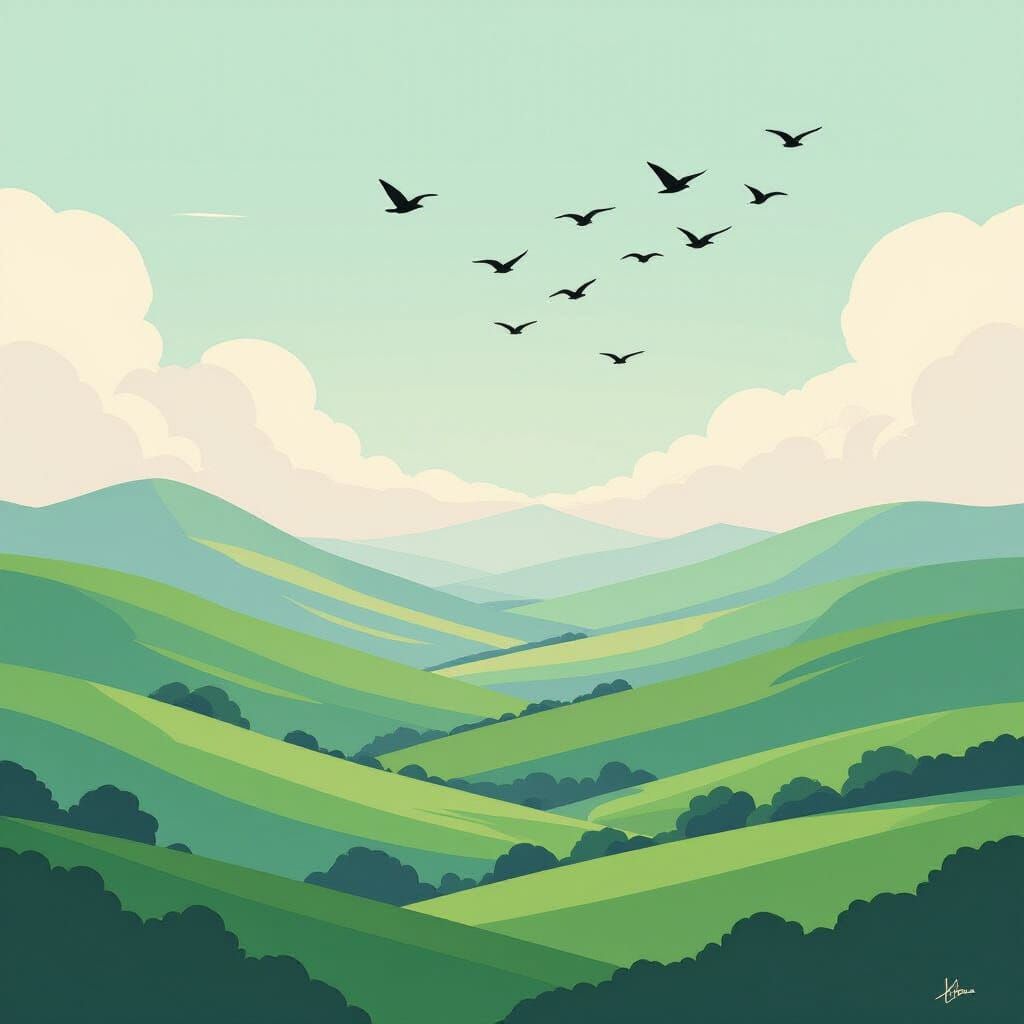 Pastel greens scenery with cursors  flying in v formation ov...