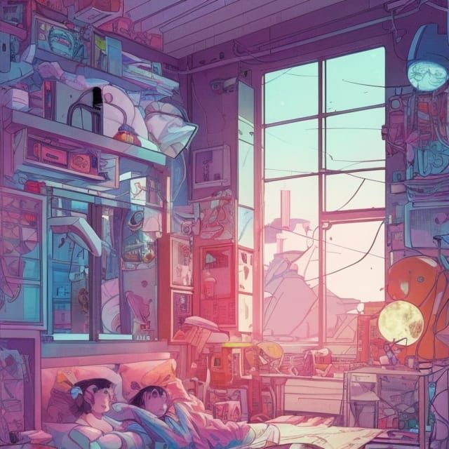 Cyberpunk Lo-Fi Room in Comic Book Style