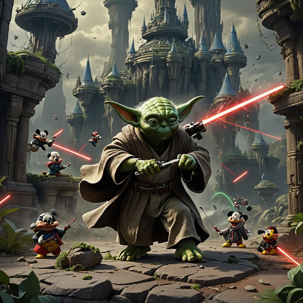 Yoda and Mickey Mouse Lightsaber Battle