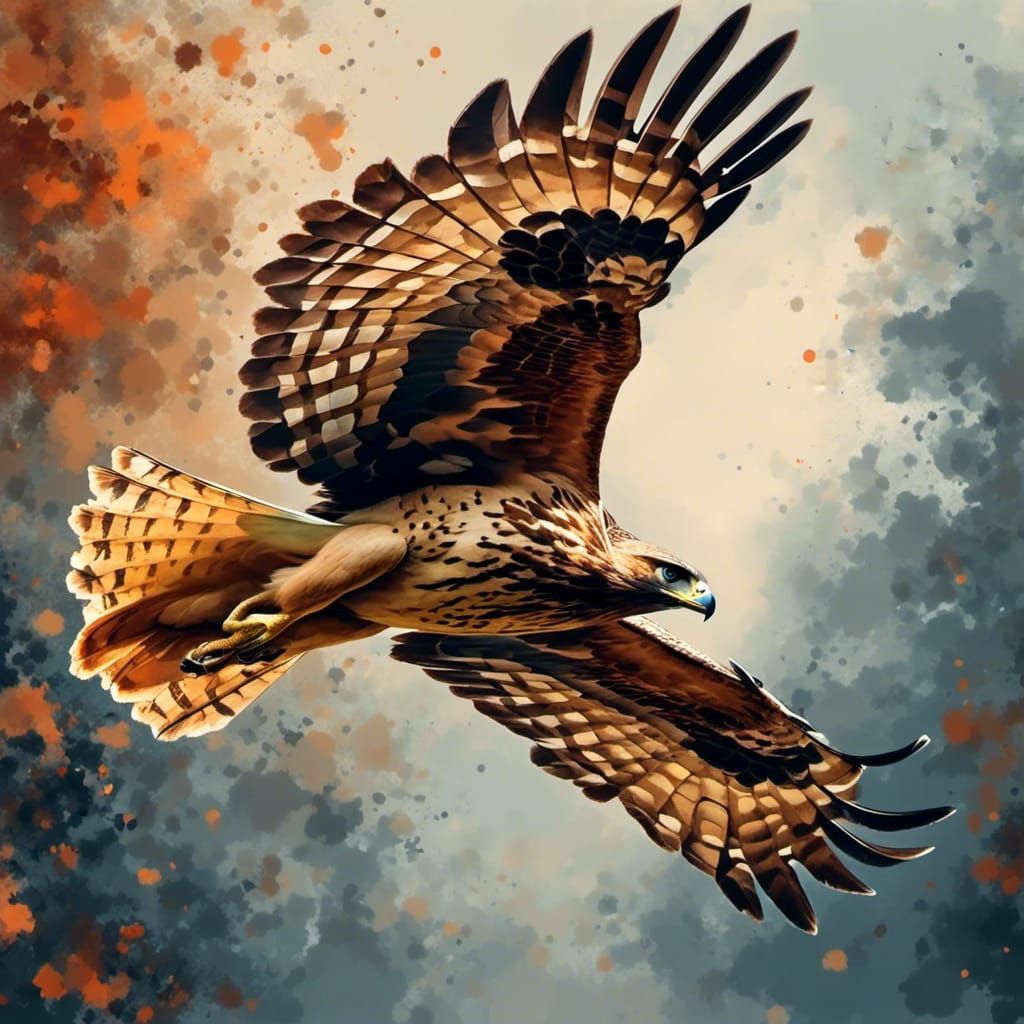 Red-Tailed Hawk Soaring in Artistic Mash-Up